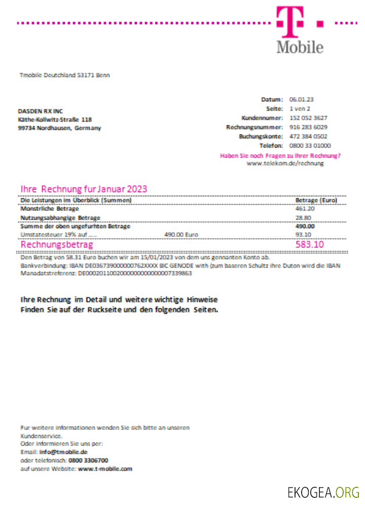 Facture commerciale de services publics de T Mobile Deutschland Gmbh, SCR